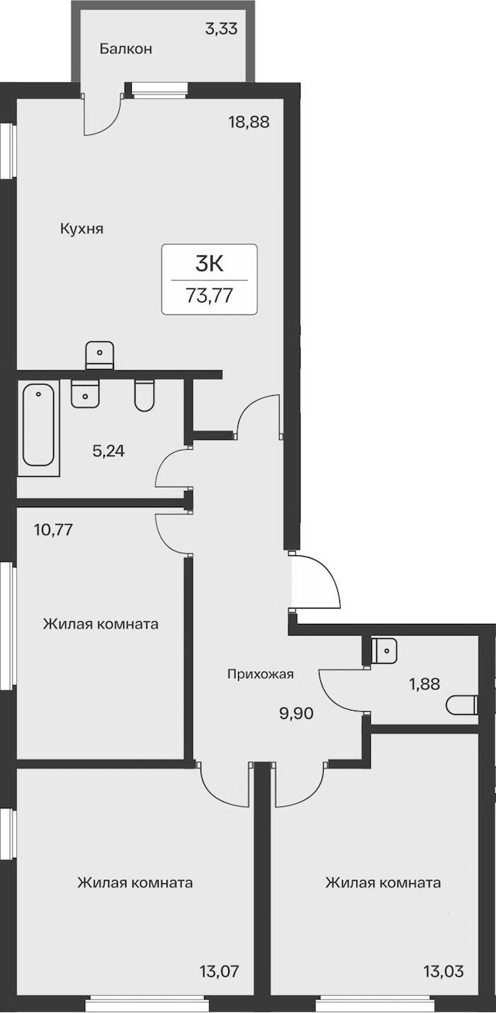 3-комнатная квартира 73.77 м², 11/11 эт., ЖК «Расцветай в Янино»